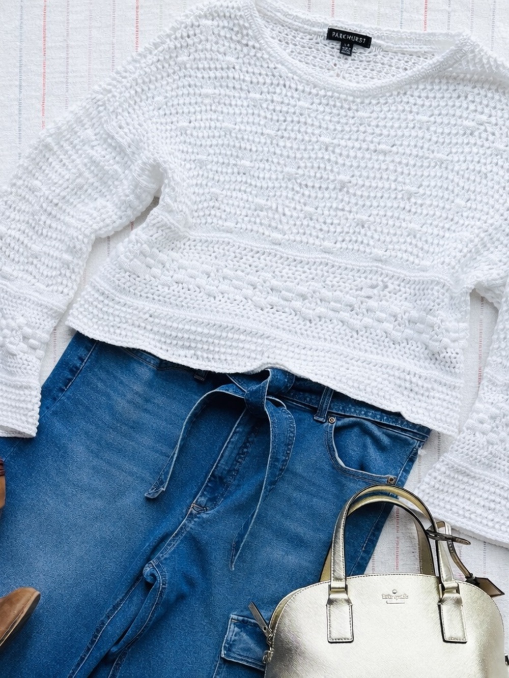 Parkhurst White Knit Sweater Cropped Textured Boho Cottagecore Long Sleeve